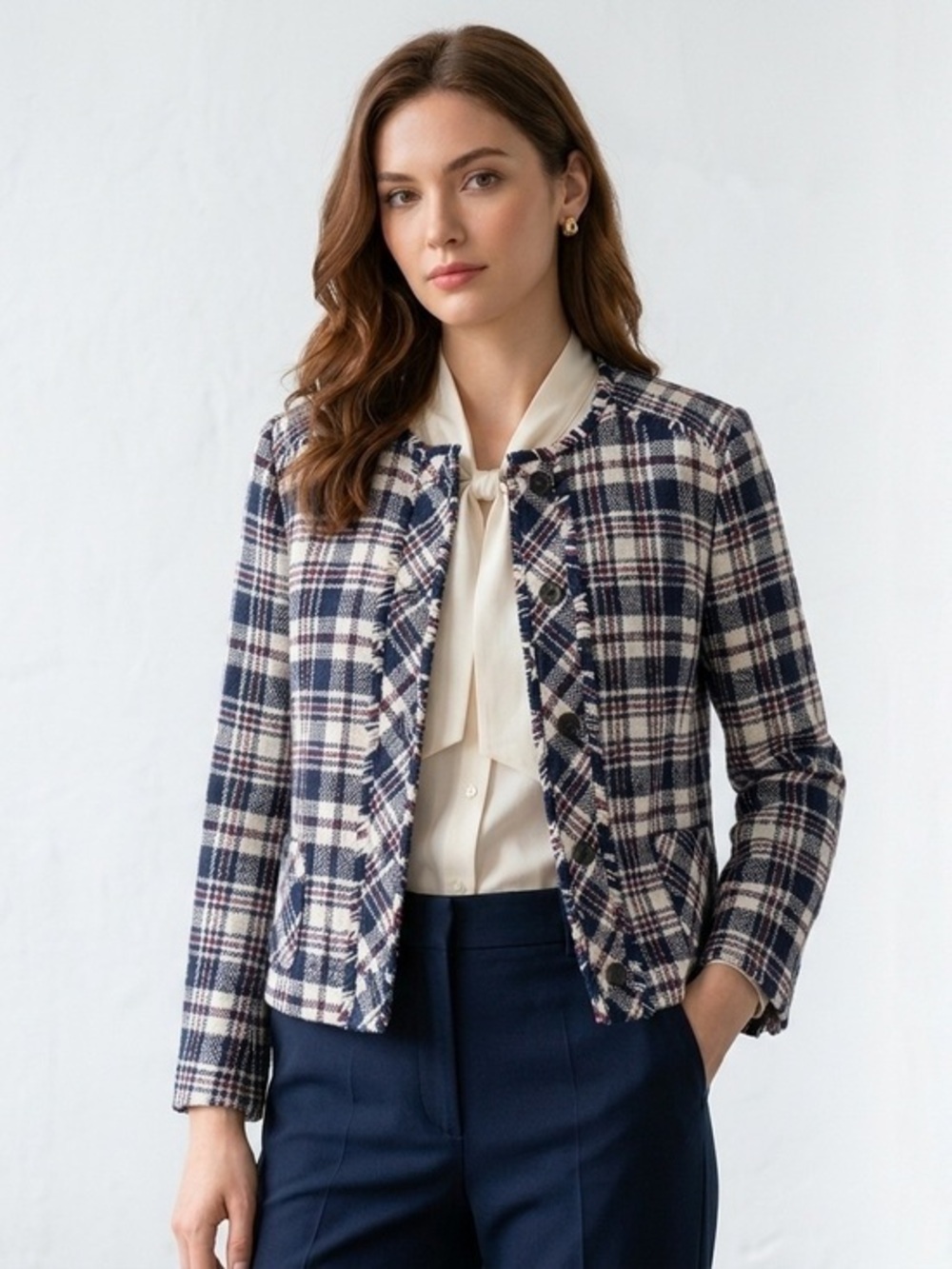 Brooks Brothers Plaid Cotton Tweed Collarless Fringe Jacket Blue Red Size 16